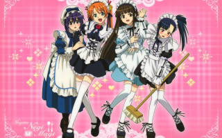 Girls maid outfits pink background - heart free wallpaper