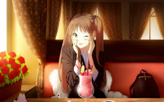 Girl sitting table drink purse - a girl sitting free wallpaper