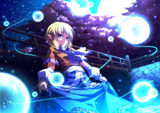 Anime girl blue dress sitting - a ledge free wallpaper