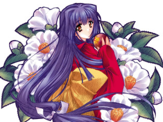 Purple haired woman flower kimono - a yellow dress free wallpaper