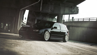 Black car parked bridge road - the sidewalk free wallpaper