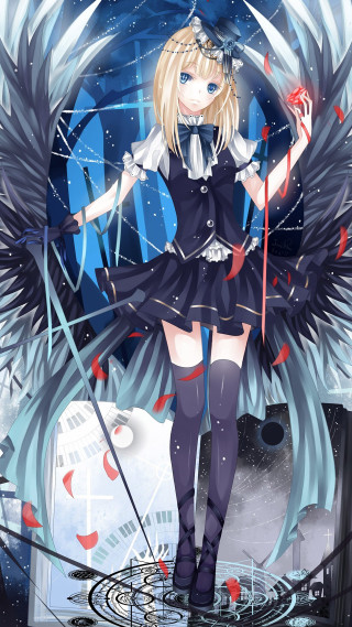 Anime girl black dress wings - her back free wallpaper