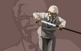 Bald beard suit sword statue - a man in a suit holding free wallpaper