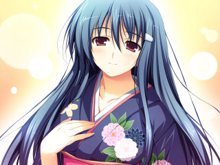 Woman blue hair kimono flower - her hand and a butterfly free wallpaper