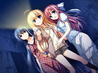 Three anime girls light dark - official art free wallpaper for desktop