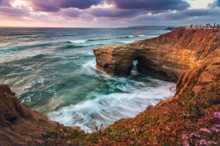 Rocky cliff purple flowers water - a hole in the middle of it free wallpaper