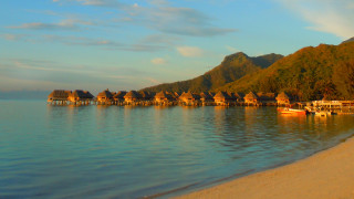 Beach houses boat water mountains - a beach free wallpaper for desktop