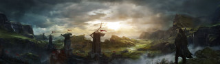 Fantasy landscape castle mountain sunset - matte painting concept art free wallpaper