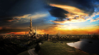 City tall buildings river sunset 3 - sunset time free wallpaper