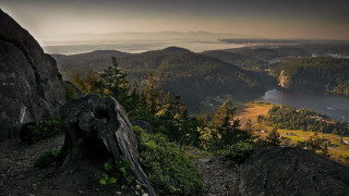 Lake mountains high view trees - a view of a lake and mountains free wallpaper