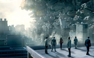Group people building city skyline - abstract illusionism free wallpaper