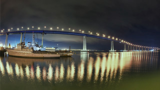 Boat docked water bridge night - hdr free wallpaper