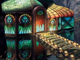 Boat stainedglass dock glowing bridge - donato giancola free wallpaper