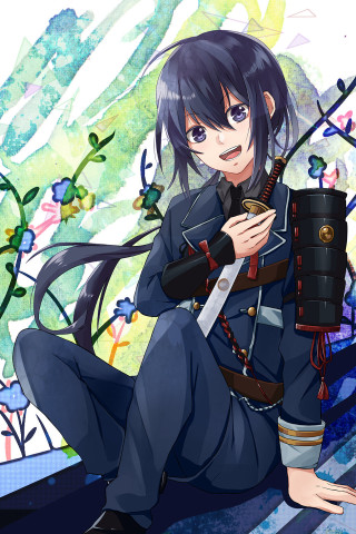 Anime girl sword sitting ledge - background behind her free wallpaper