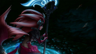 Woman sword red dress blue - a blue flame free wallpaper