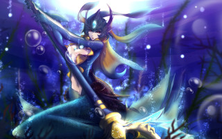 Woman blue dress sword underwater - amano free wallpaper