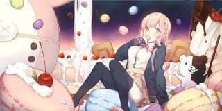 Girl sitting bed stuffed animals - giant free wallpaper