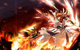 Woman white dress horse flames - overhead in the sky free wallpaper