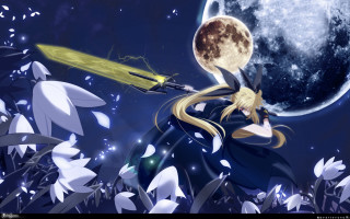 Girl sword full moon stars - anime art free wallpaper