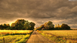 Stormy dirt road fence trees - a dirt road in a field free wallpaper