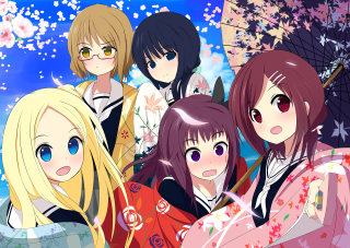 Anime girls umbrella sky flowers - a group of anime girls free wallpaper