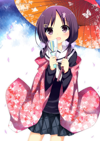 Girl anime umbrella kimono pink - shin hanga free wallpaper