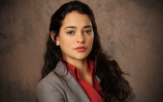 Woman longhair grayjacket redshirt portrait - free portrait wallpaper
