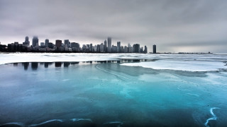 Frozen lake city skyline winter - a matte painting free wallpaper