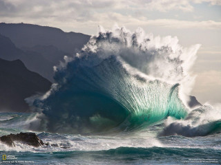 Large wave crashing shore mountains - expressionism free wallpaper
