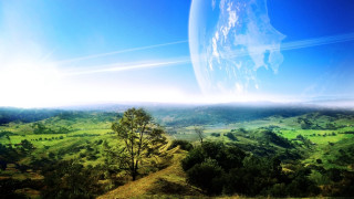 Green landscape blue sky distant - a distant planet in the background free wallpaper