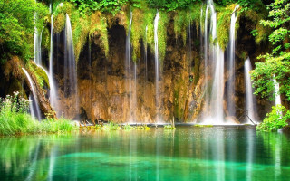 Waterfall trees plants water background - the foreground and a body of water free wallpaper