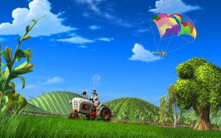 Man flying kite field tractor - promotional image free wallpaper