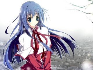 Blue hair girl snowy landscape - a red tie free wallpaper