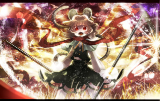 Girl sword fireworks clock tower - a red ribbon free wallpaper