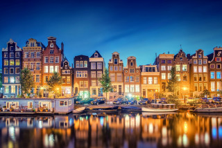 City boats night lights buildings - building free wallpaper