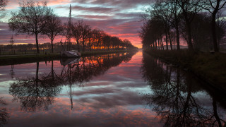 River boat trees sunset pink - mystical free wallpaper
