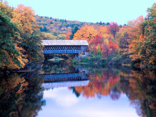 Covered bridge autumn leaves blue - the background free wallpaper