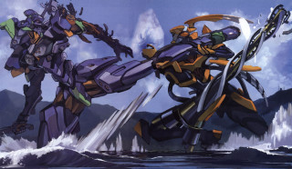 Robots fighting wave cartoon mountains - a cartoon style scene free wallpaper