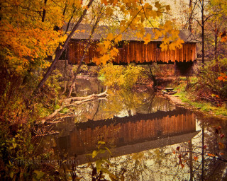 Covered bridge autumn leaves twilight - photography free wallpaper