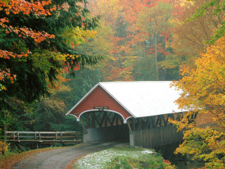 Covered bridge fall trees snow - regionalism free wallpaper