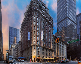 Large building windows city street - free architecture wallpaper