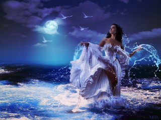 Woman ocean fullmoon birds dreamlike - dreamlike free wallpaper