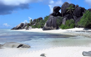 Beach rocks water trees cloudy - rock and water free wallpaper