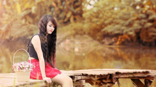 Woman bench lake basket flowers 2 - a basket of flowers free wallpaper
