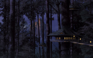Tree house forest night lights - matte painting concept art free wallpaper