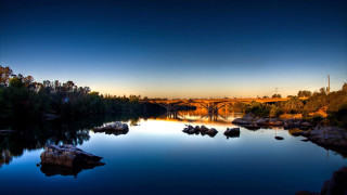Bridge river rocks trees sunset 2 - river free wallpaper