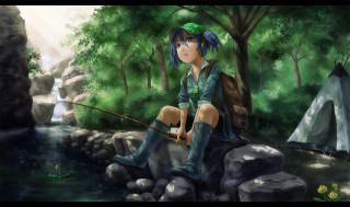 Girl sitting rock fishing river - plein air free wallpaper