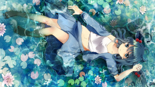Woman floating pool water flowers - a pink flower free wallpaper