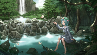 Girl sitting rock forest waterfall - a waterfall in the background free wallpaper