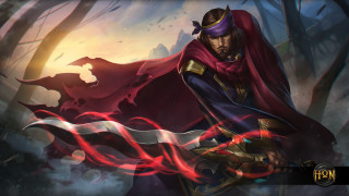 Man red cape sword forest - a dragon in the background free wallpaper